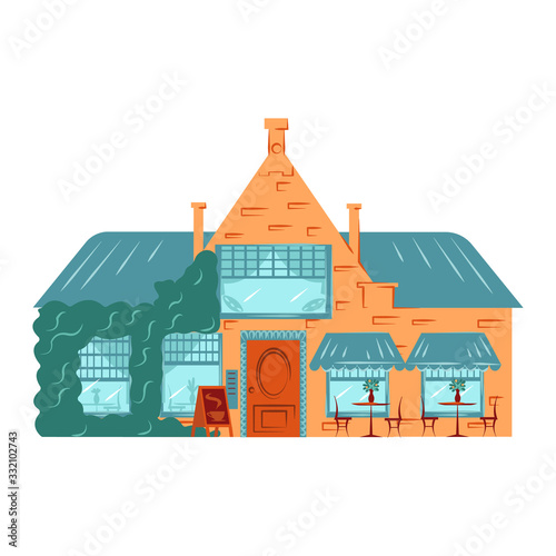 Residential house building exterior, facade architecture, two floors, brick tower flat vector illustration isolated on white. Old european cottage facade with widows, chimney and cobbler signboard.