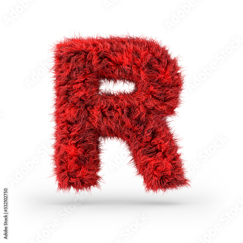 Capital letter R. Uppercase. Red fluffy and furry font. 3D