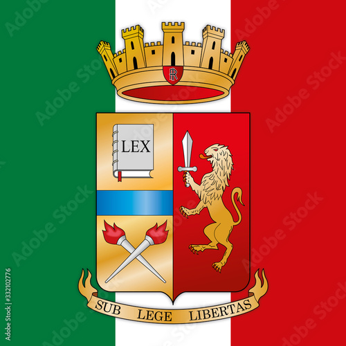 Polizia di Stato coat of arms on the Italian flag, Italy, vector illustration