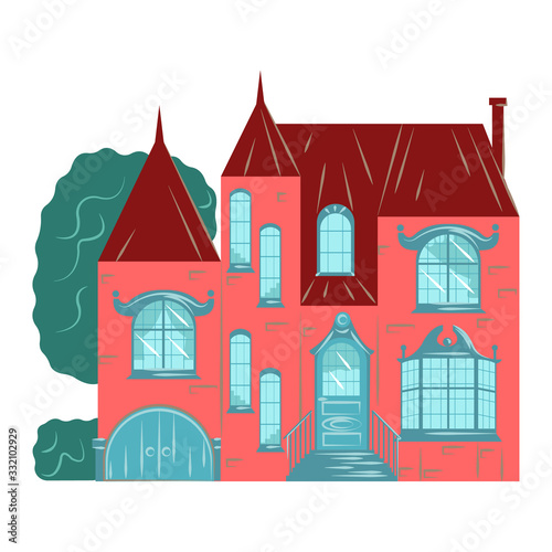 Residential house building exterior, facade architecture, two floors, brick tower flat vector illustration isolated on white. Old european cottage facade with widows, chimney and cobbler signboard.