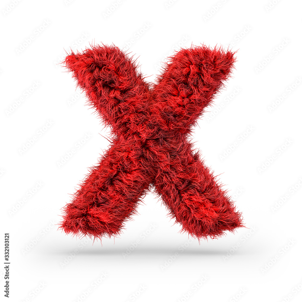 Capital letter X. Uppercase. Red fluffy and furry font. 3D Capital letter X. Uppercase. Red fluffy and furry font. 3D