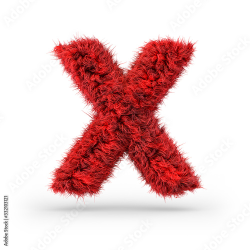 Capital letter X. Uppercase. Red fluffy and furry font. 3D