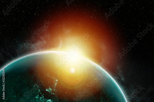 beautiful sunrise over Earth in the space art print wallpaper. Elements of this image furnished by NASA