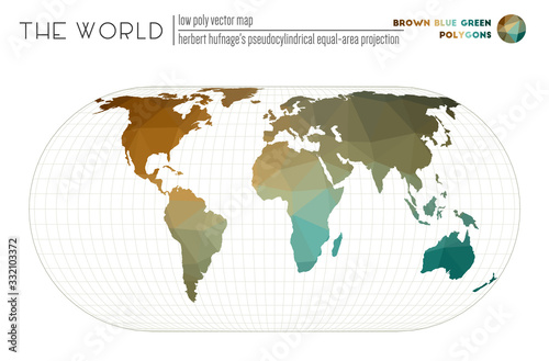 World map with vibrant triangles. Herbert Hufnage s pseudocylindrical equal-area projection of the world. Brown Blue Green colored polygons. Contemporary vector illustration.