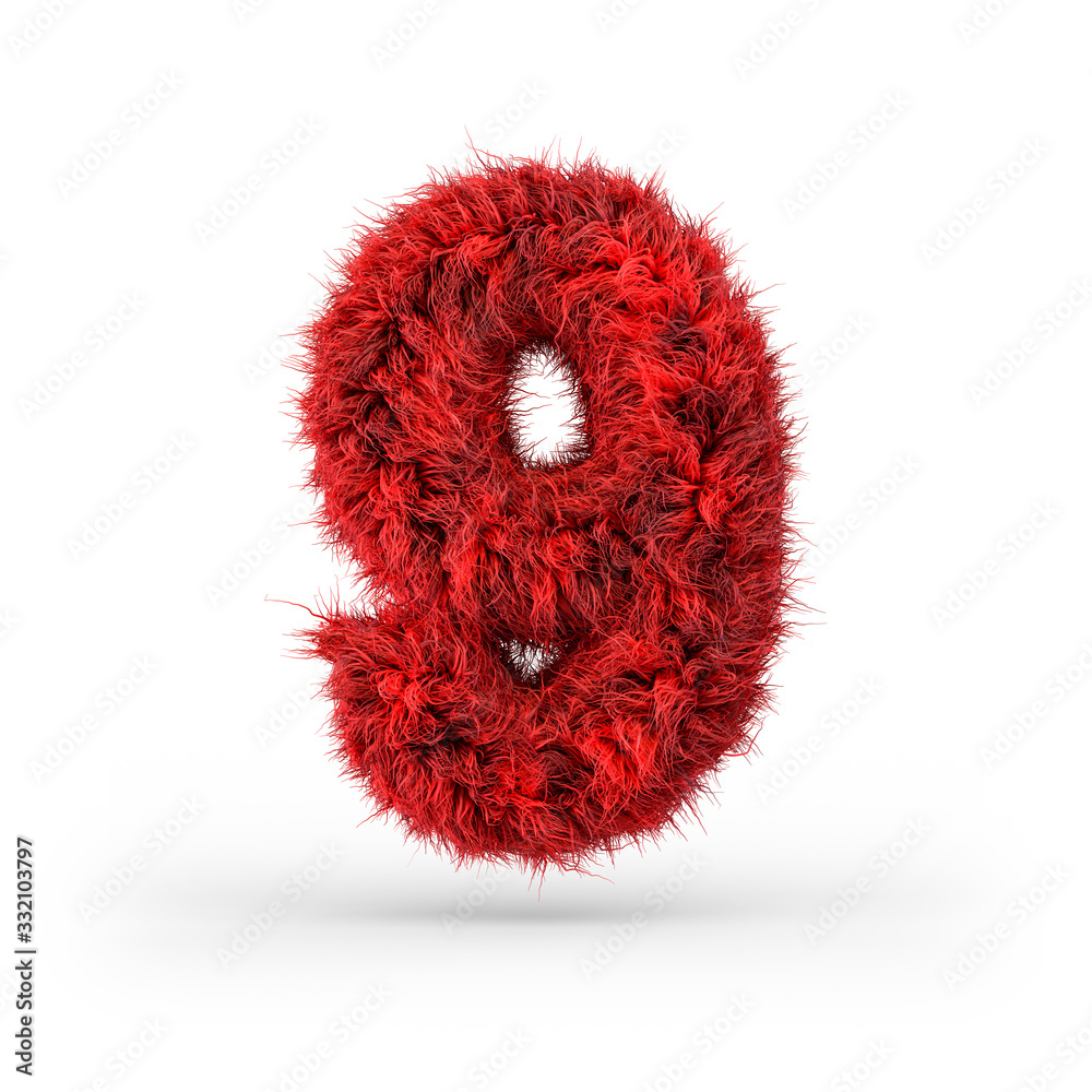 Number 9. Digital sign. Red fluffy and furry font. 3D Number 9. Digital sign. Red fluffy and furry font. 3D
