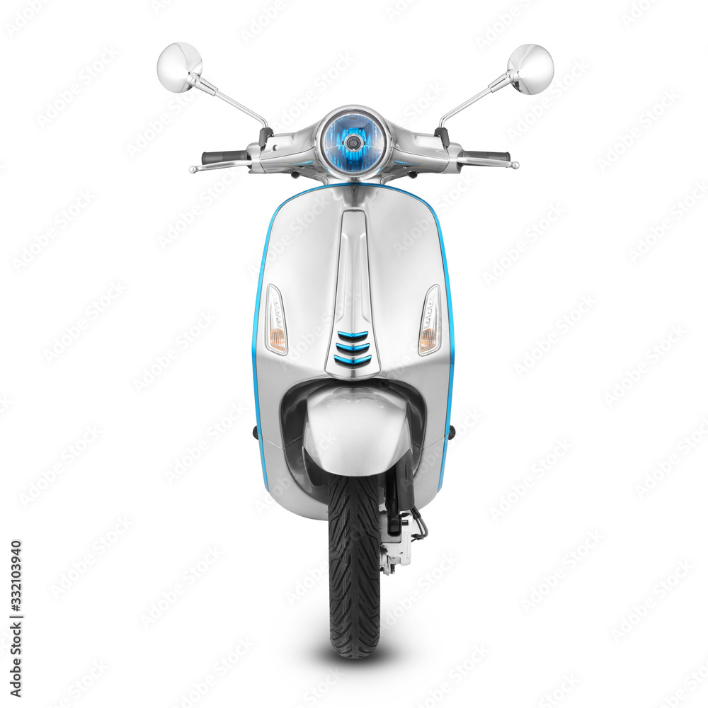Steel Motor Scooter Isolated on White Background. Front View of
