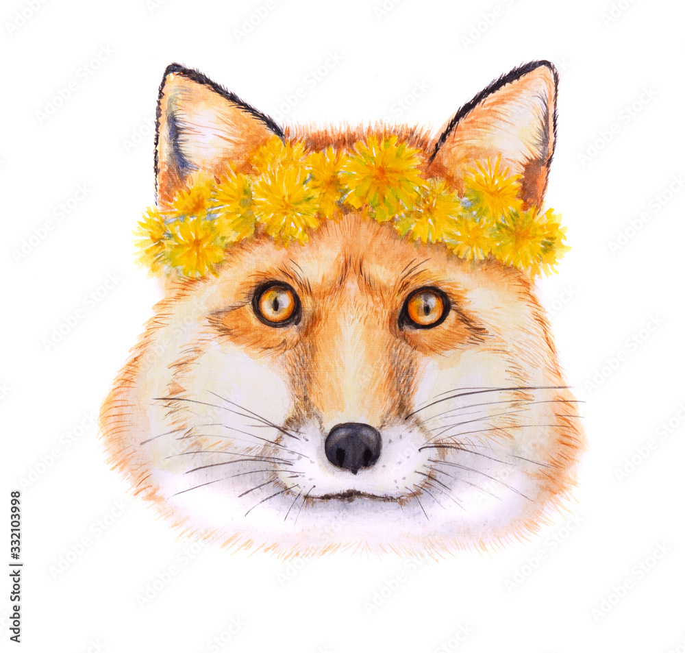 Fototapeta premium Watercolor fox in the wreath from the dandelions