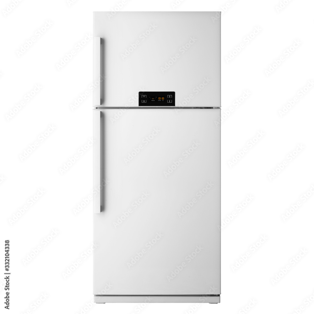 White Top Mount Fridge Freezer Isolated on White Background. Side View