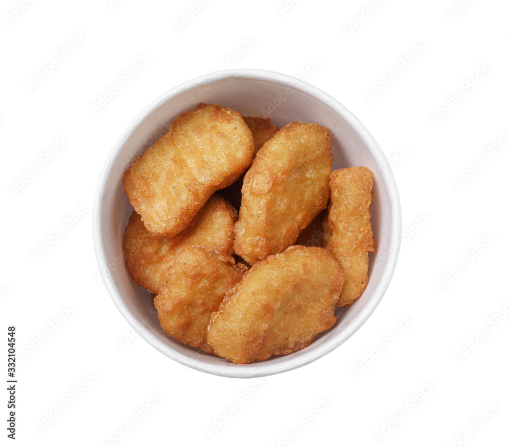 Bucket with tasty chicken nuggets isolated on white, top view Bucket with tasty chicken nuggets isolated on white, top view