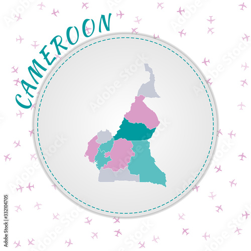 Cameroon map design. Map of the country with regions in emerald-amethyst color palette. Rounded travel to Cameroon poster with country name and airplanes background. Powerful vector illustration.