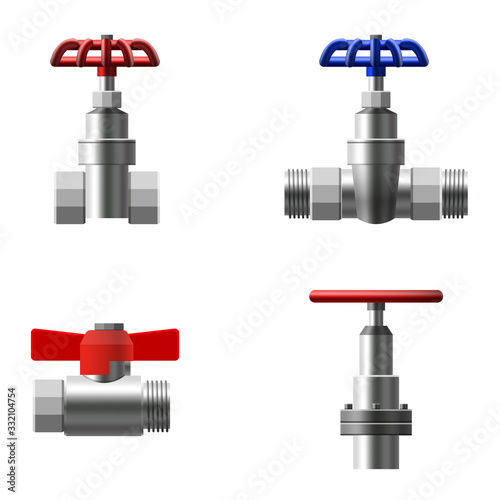 Set valves ball, fittings, pipes of metal piping system. Different types valves water, oil, gas pipeline, pipes sewage