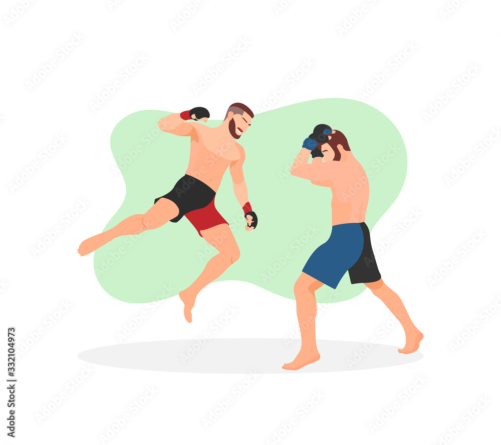 Two muscular men or guys having MMA match competition. Fighters battle. Professional fight. Man jumping and giving a superman punch. Aggressive attack sign or icon - Flat design vector illustration.