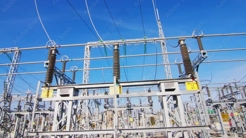 electrical transmission substation with cables on nice day electrical transmission substation with cables on nice day