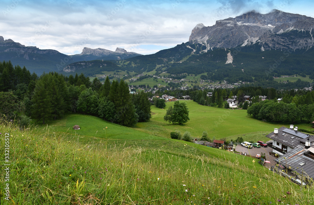 view of the Cortina d'Ampezzo valley with the Tofane Group on the right. Sexten Dolomites, Belluno. Italy.