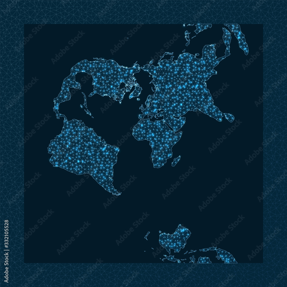 Abstract map of world network. Transverse Mercator projection. World Network. Authentic connections map. Vector illustration.