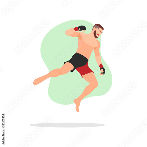 Muscular man with beard jumping and throwing superman punch. Professional MMA fighter. MMA match concept. Combat sport gloves. Martial arts athlete - Simple flat vector character icon illustration.