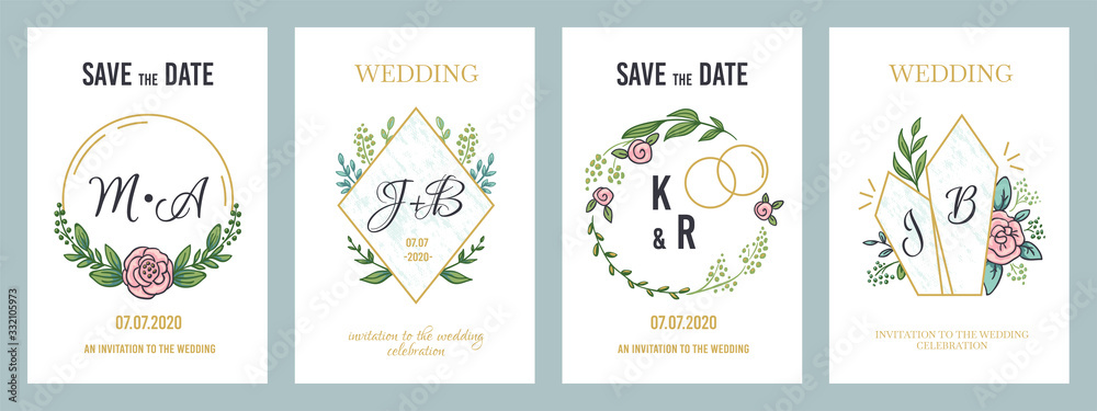 Wedding posters. Luxury invitation card template with floral monograms and minimalist design elements. Vector illustration modern pastel banners invites on holiday