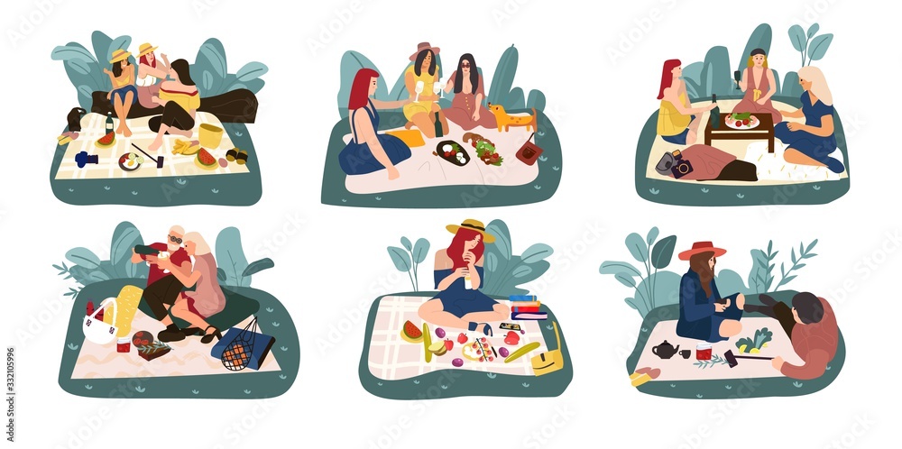 Cartoon picnic. Happy characters on summer recreation activities, eating outdoors and spending time. Vector illustration relatives and friends eat food on nature