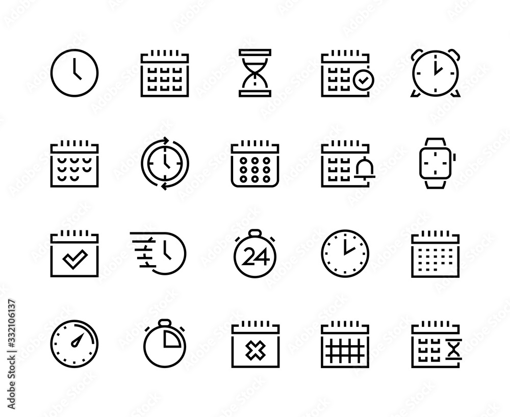 Time and calendar line icons. Business planning and schedule optimization pictograms with clock, alarm, stopwatch and chronometer. Vector set simple icon symbols timekeeper, sign time relativity