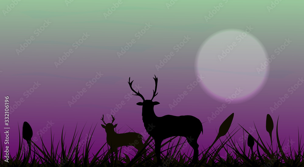 Silhouette of animals. Two deer silhouette standing on a hill with grass. Background of the morning rising sun and fog.