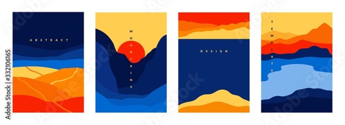 Fototapeta Naklejka Na Ścianę i Meble -  Mountains and sea poster. Abstract geometric landscape banners with minimalist shapes and curved lines. Vector geometry scenes with mountains hills sea for traditional asian background design