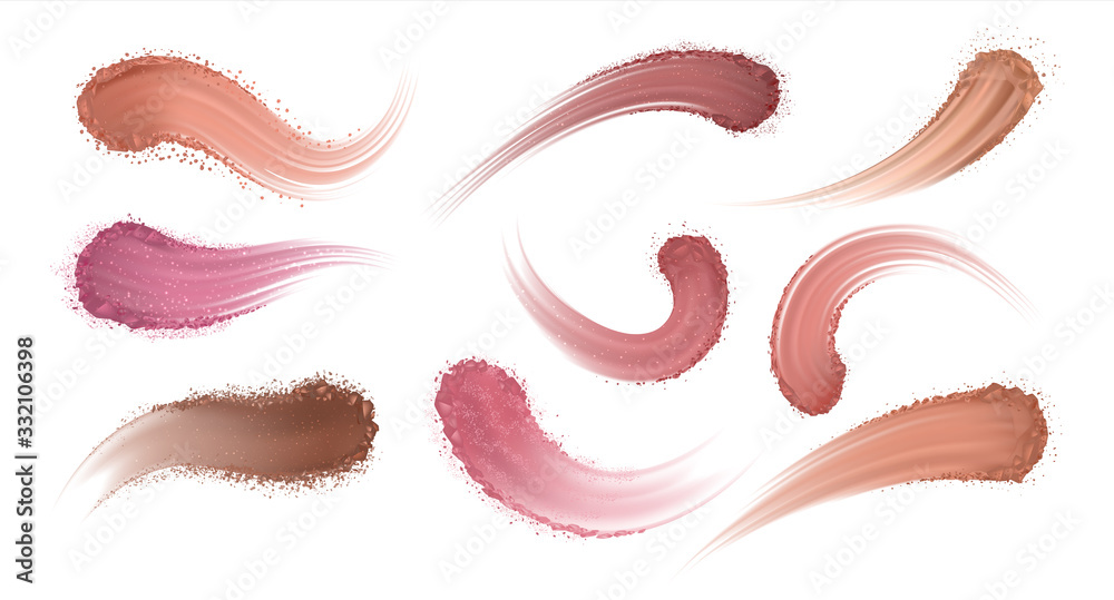 Realistic eyeshadow powder. Makeup blush and eye shadow, cosmetic stroke texture, swatch trace samples. Vector dry powder sample set, how touch smear shadow to eyes - obrazy, fototapety, plakaty 