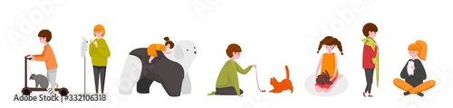 Kids with pets. Happy cartoon children characters with adopted home animals, cute kids playing with their pets. Vector isolated set image smiling children petting animals