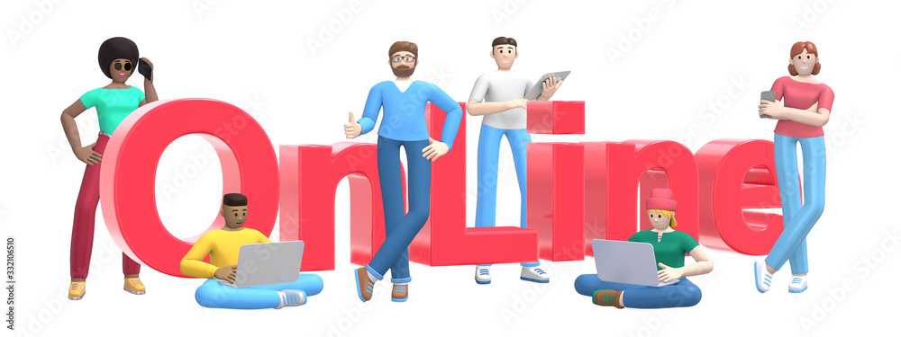 Word online on white background. Group of young multicultural successful people with laptop, tablet, phone. Horizontal banner cartoon character and website slogan. 3D rendering.