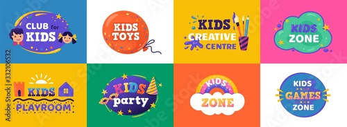 Kids club. Logo for children playing zone and education room club  funny banner concept for kids zone entertainment. Vector children party coloured set signs  emblem for playground