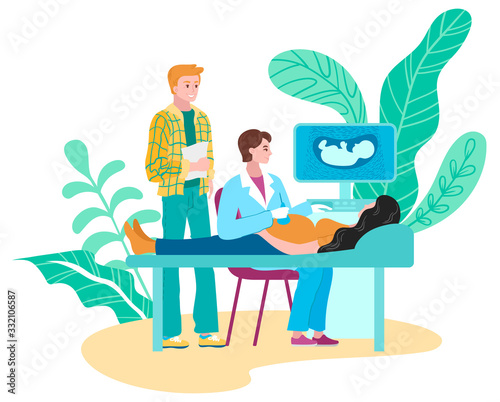 Pregnant family ultrasound, doctor medical ultrasound scan and diagnostics flat isolated on white vector illustration. Doctor scanning pregnant woman with scanner in hospital. Consultation, diagnosis.