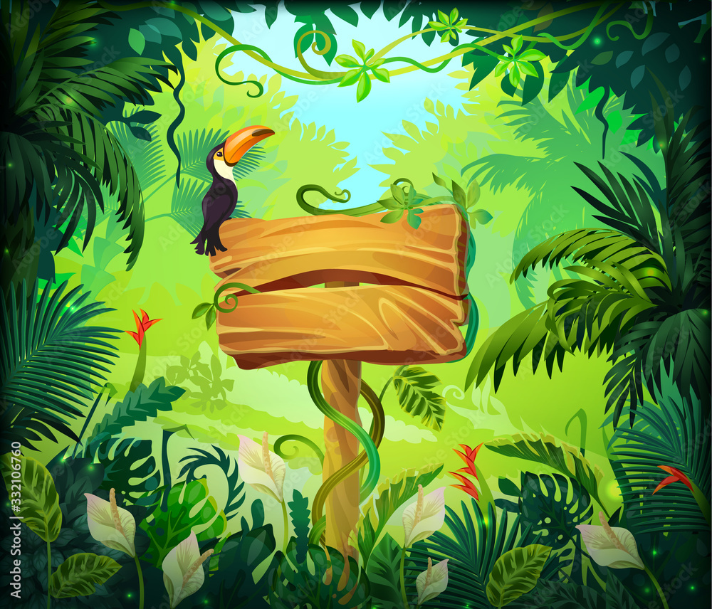Vettoriale Stock Cartoon jungle background. Tropical forest nature