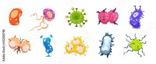 Cartoon virus. Germs bacterias and flu infection cells, sickness microbe organism collection. Vector different medicine micro-organisms isolated, provoking diseases, on white