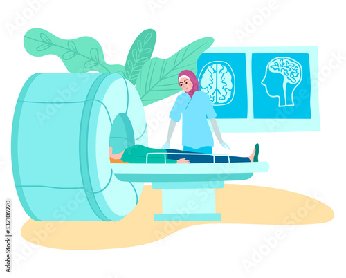MRI tomography scanner in hospital, muslim doctor and patient on medical MRI scanning examination vector cartoon illustration. Computer monitor and patient in MRI tube tomograph get diagnosis, x-ray.