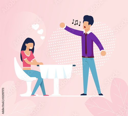 Happy Smiling Woman at Cafe Listening to Male Singer Sitting at Table. Cartoon Girl Fell in Love with Restaurant Melodist. Romantic Song and Dating. Hearts and Foliage Design Vector Flat Illustration