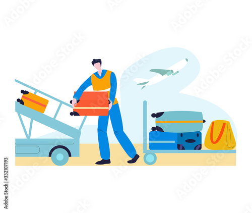 Tourist in airport with baggage traveling, journey flat vector illustration isolated on white. Man pushing luggage suitcases on trolley at the airport. Tourism and trip vacation tour.