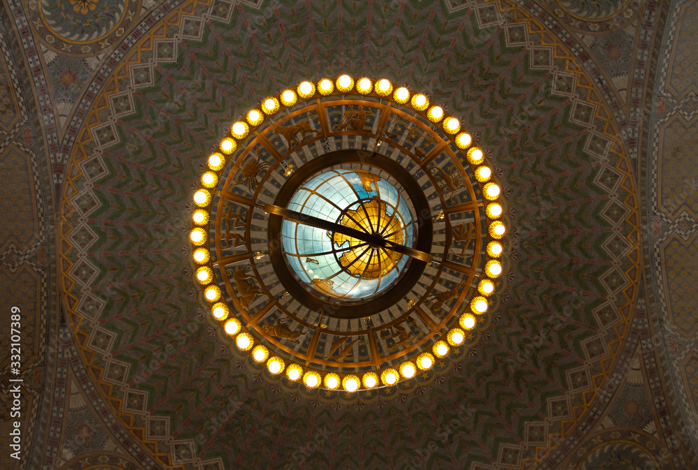World Globe on Los Angeles Public Library Rotunda Decorative Ceiling Dome