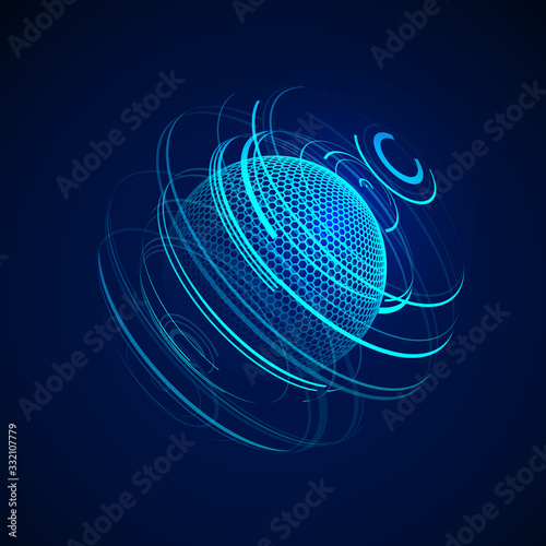 Sci-fi abstract neon sphere. Futuristic digital background. HUD element or cyber globe. Vector