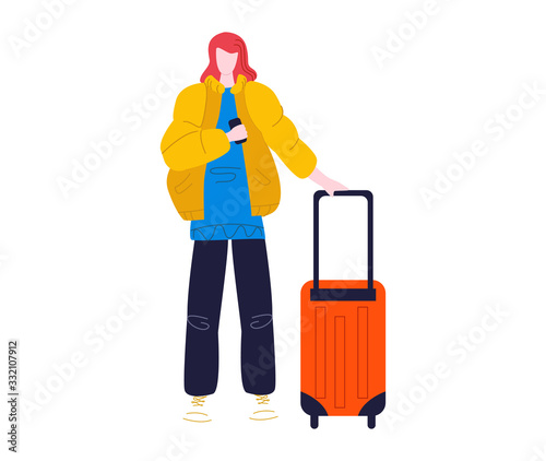 Tourist woman walking with suitcase baggage in airport traveling, journey isolated on white flat vector illustration. Summer vacation, young woman, luggage at the airport.