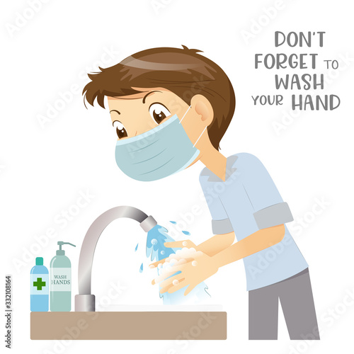 Man wears medical surgical mask washing hand with soap, safe from virus, Covid-19 prevention.