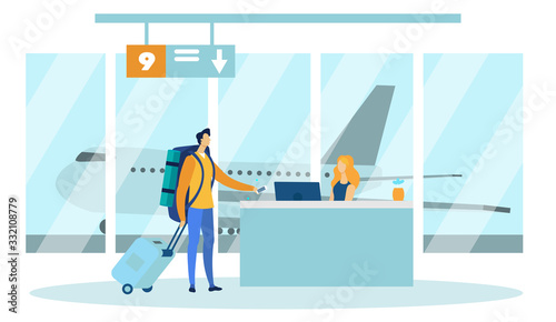 Airport Security Checkpoint Officer Waiting for Passenger to Check Ticket and Baggage with Plane on Background in Window Flat Cartoon Vector Illustration. Showing Mobile Phone with Electronic Ticket.