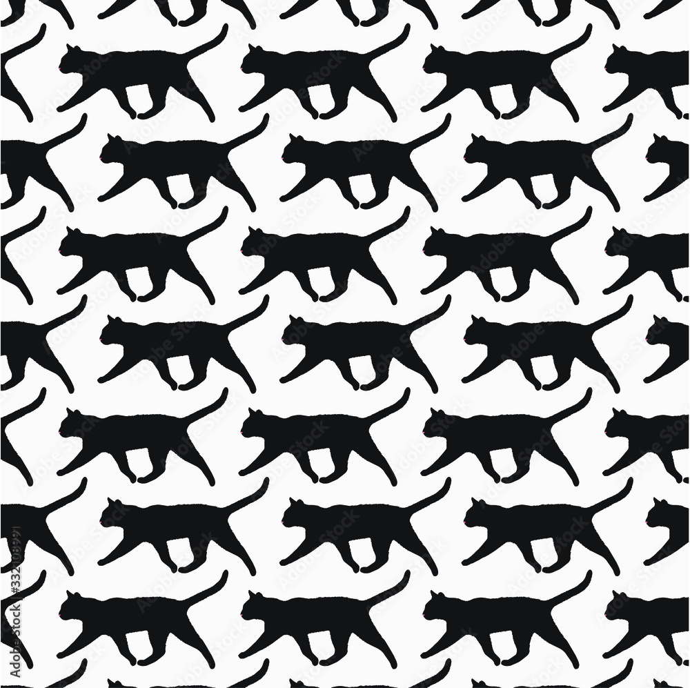 Silhouettes of cats. Black and white seamless pattern