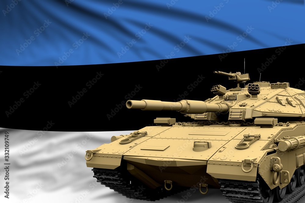 Heavy tank with fictional design on Estonia flag background - modern tank army forces concept, military 3D Illustration Heavy tank with fictional design on Estonia flag background - modern tank army forces concept, military 3D Illustration