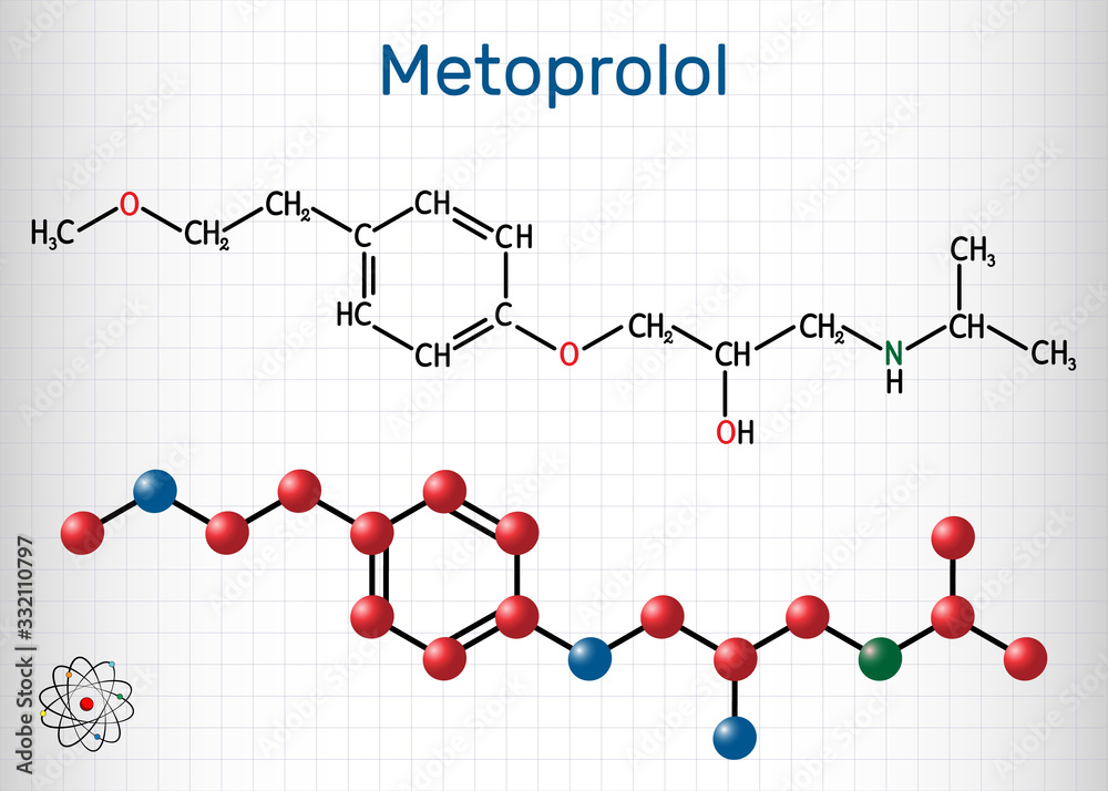 Metoprolol, C15H25NO3 molecule. It is used in the treatment of hypertension and angina pectoris. Sheet of paper in a cage Metoprolol, C15H25NO3 molecule. It is used in the treatment of hypertension and angina pectoris. Sheet of paper in a cage
