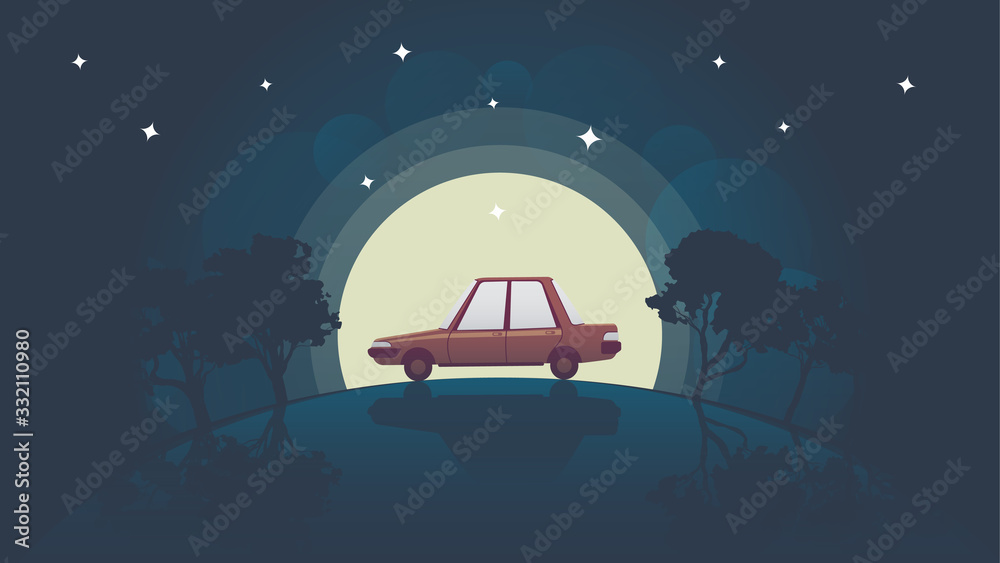 Naklejka a car rides over a hill on a full moon vector illustration