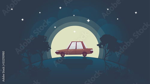 Fototapeta a car rides over a hill on a full moon vector illustration