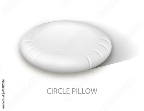White Flat Circle Pillow. Cotton Surface. Orthopedic Round Pillow. Healthy Sleep. White Background. Advertising Image. Poster for Print. Anatomical Form. Healty Lifestyle. Vector Illustration.