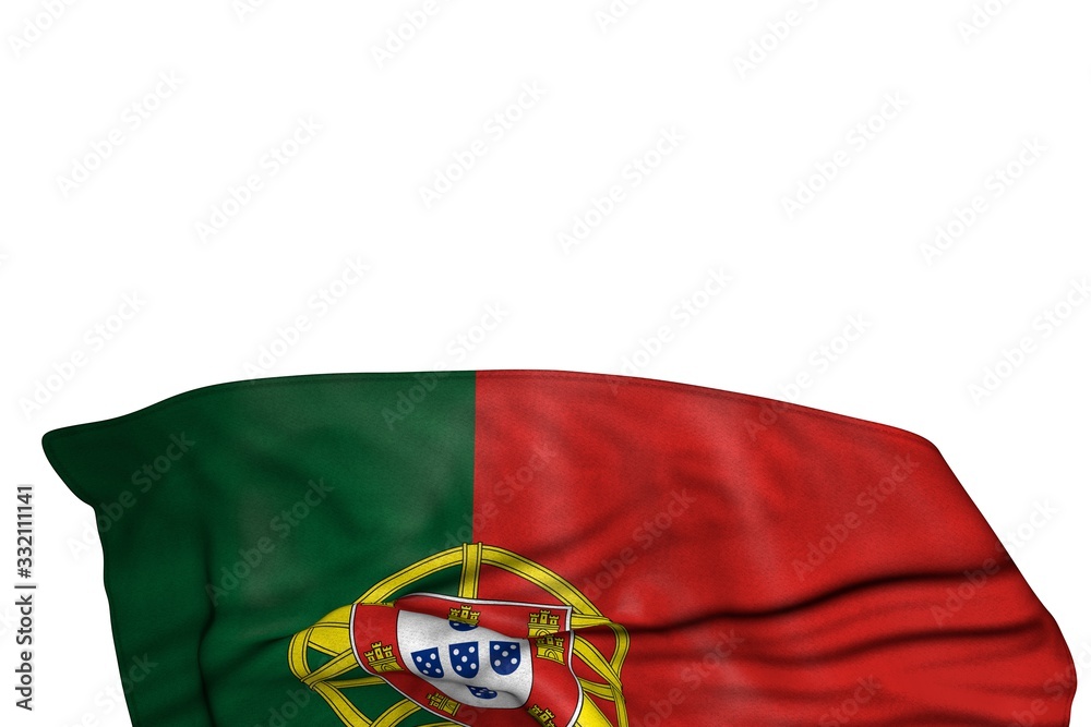 Fototapeta premium nice Portugal flag with large folds lying flat in the bottom isolated on white - any celebration flag 3d illustration..