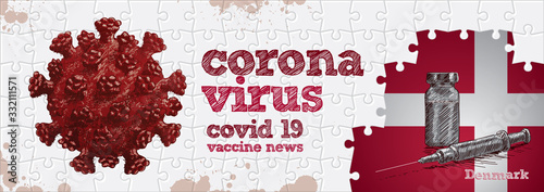 Denmark flag, corona virus and vaccine. Puzzle concept hand drawing
