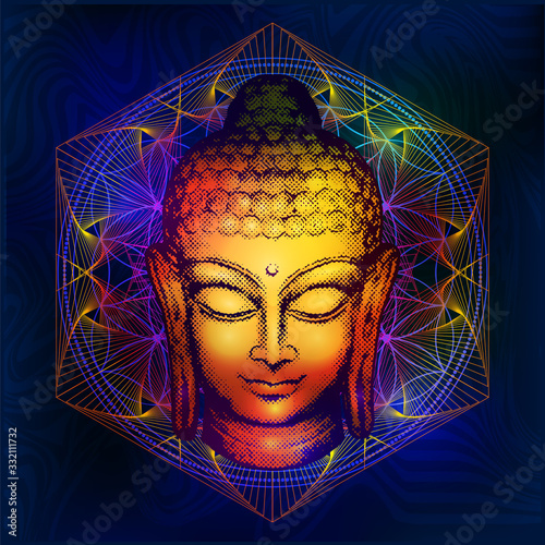 Existential Image of Lord Buddha with in psychedelic colors with tibetan mandala on the background