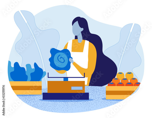 Cartoon Woman Saleswoman Character Selling Vegetables. Female Seller in Apron Weighing Veggies to Invisible Buyer. Street Fresh Food Shop. Local Stall Farm Market. Vector Flat Illustration
